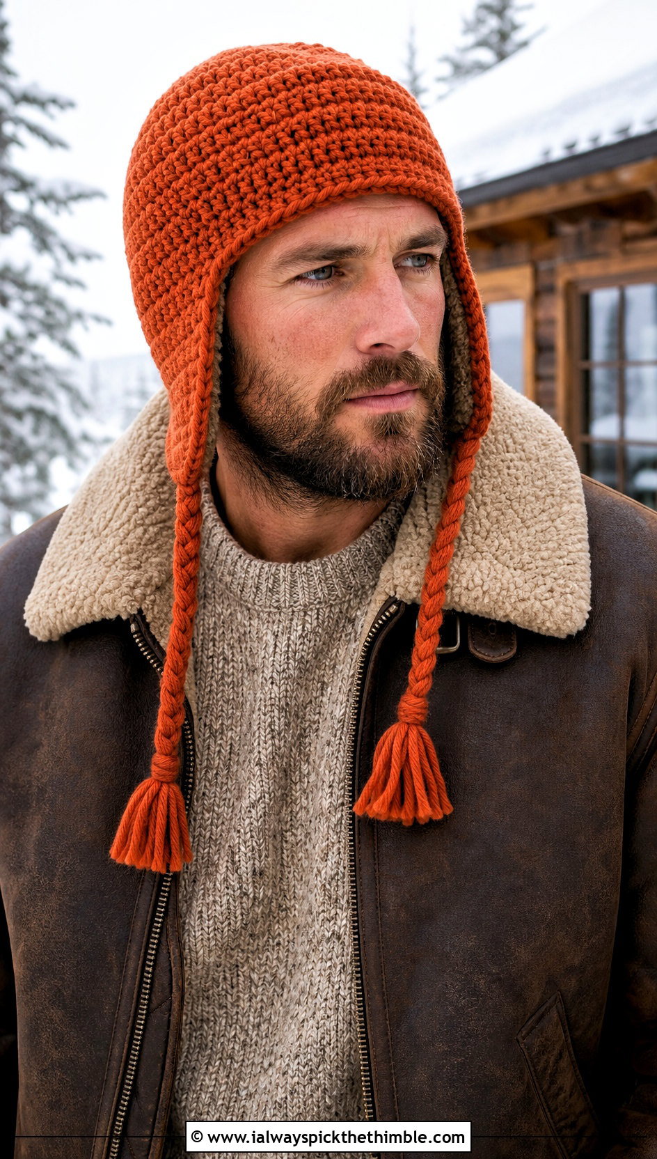 Crochet Trapper Hat With Shearling Jacket - 15 Crochet Men's Hats outfit ideas