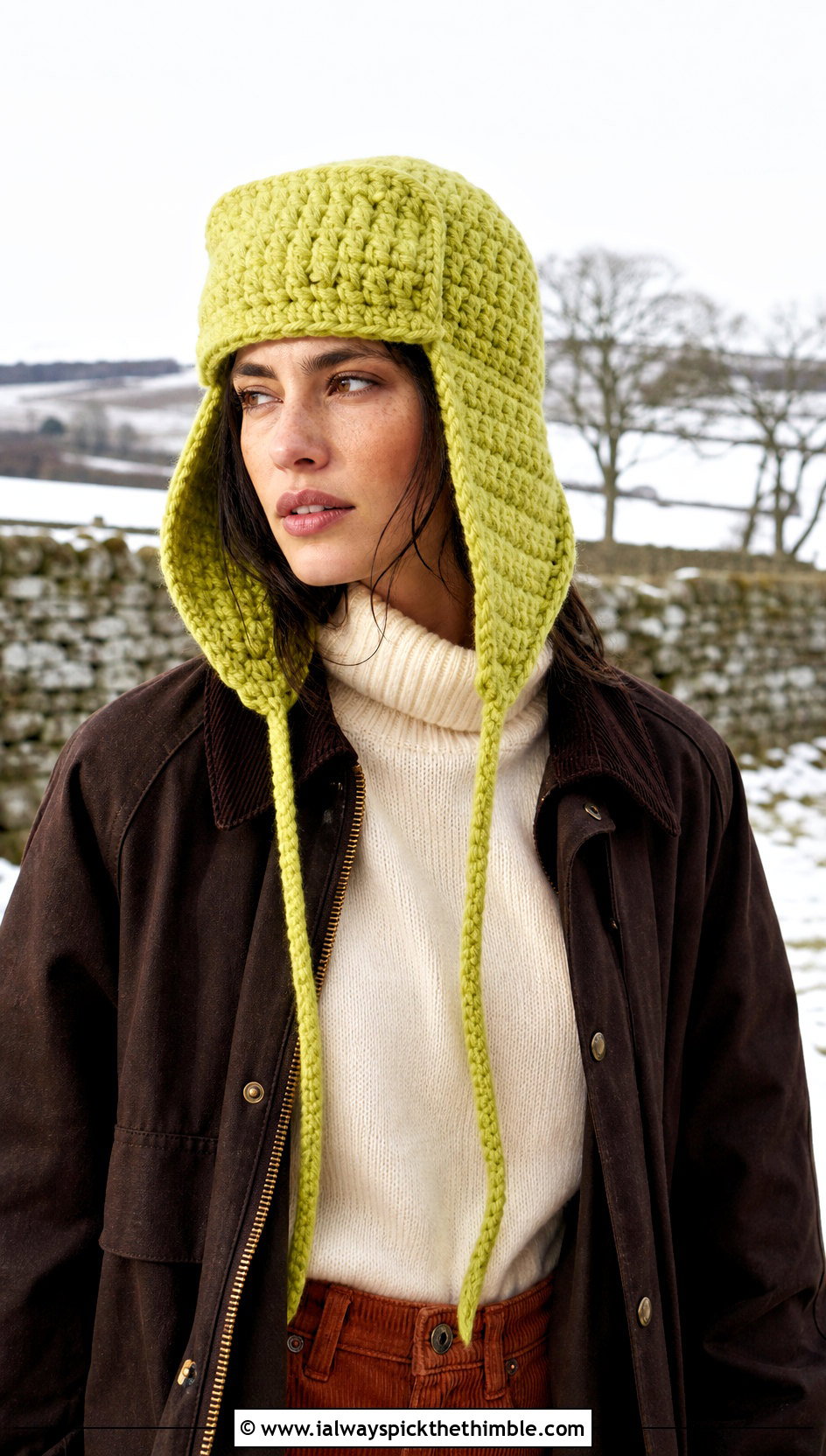Crochet Trapper Hat With Utility Coat And Corduroy Pants - 25 crochet winter hats outfit ideas
