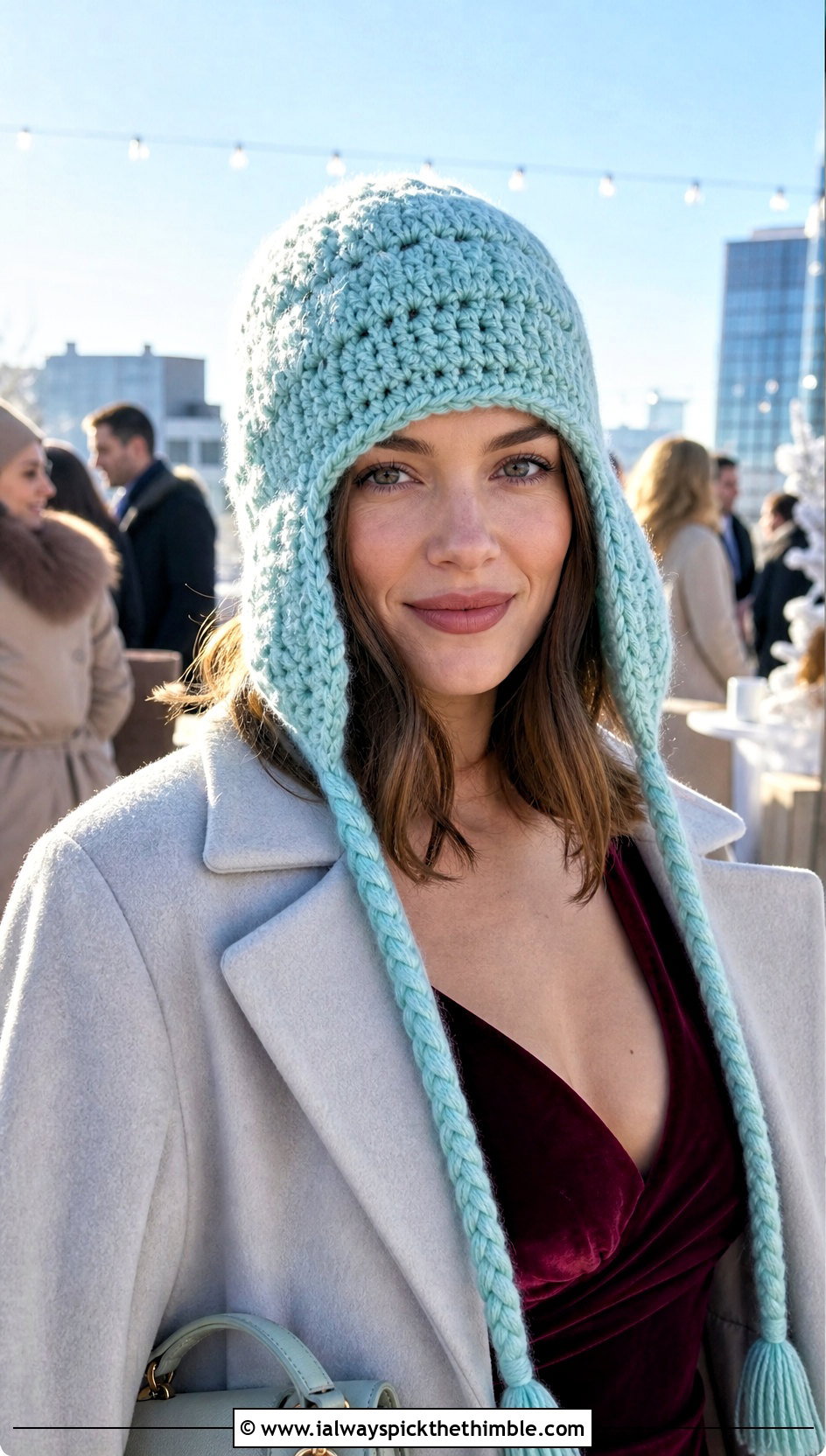 Crochet Trapper Hat With Velvet Mini Dress - 20 party crochet hat outfit ideas
