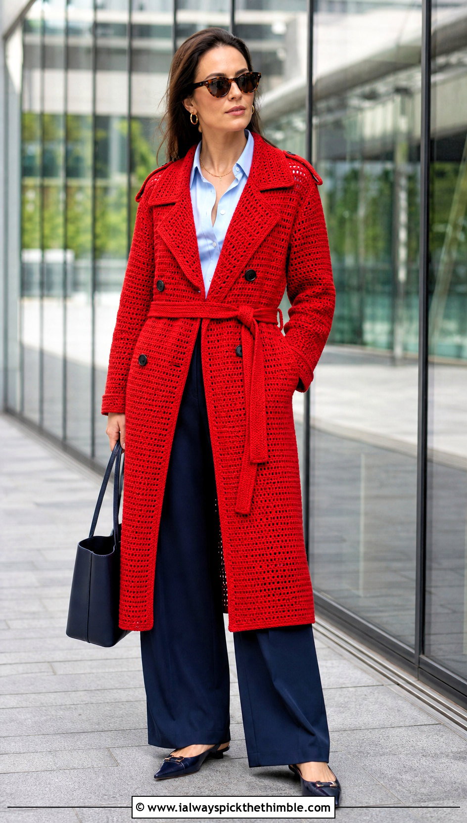Crochet Trench Coat With Button Down And Wide Leg Pants - 15 beginner crochet coat outfit ideas
