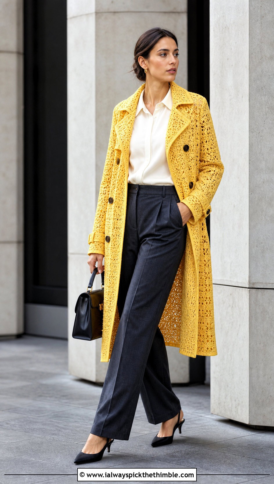 Crochet Trench Coat With Tailored Trousers - 25 crochet coats outfit ideas