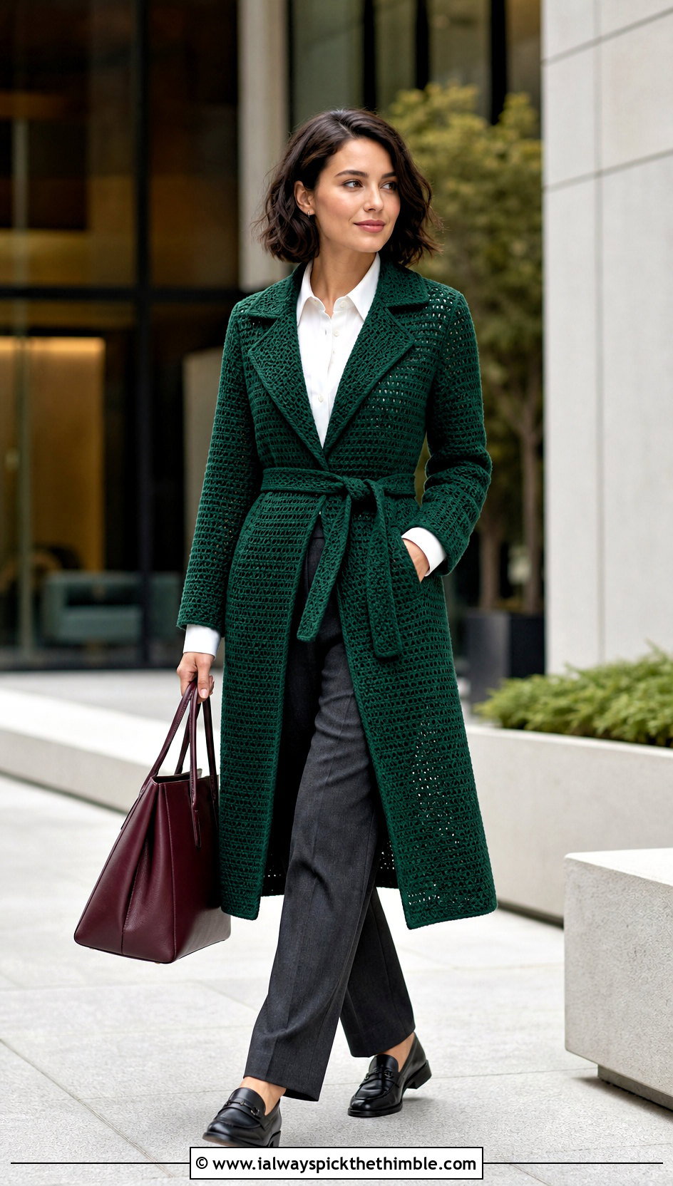 Crochet Trench Coat With Tailored Trousers - 20 women crochet coat outfit ideas