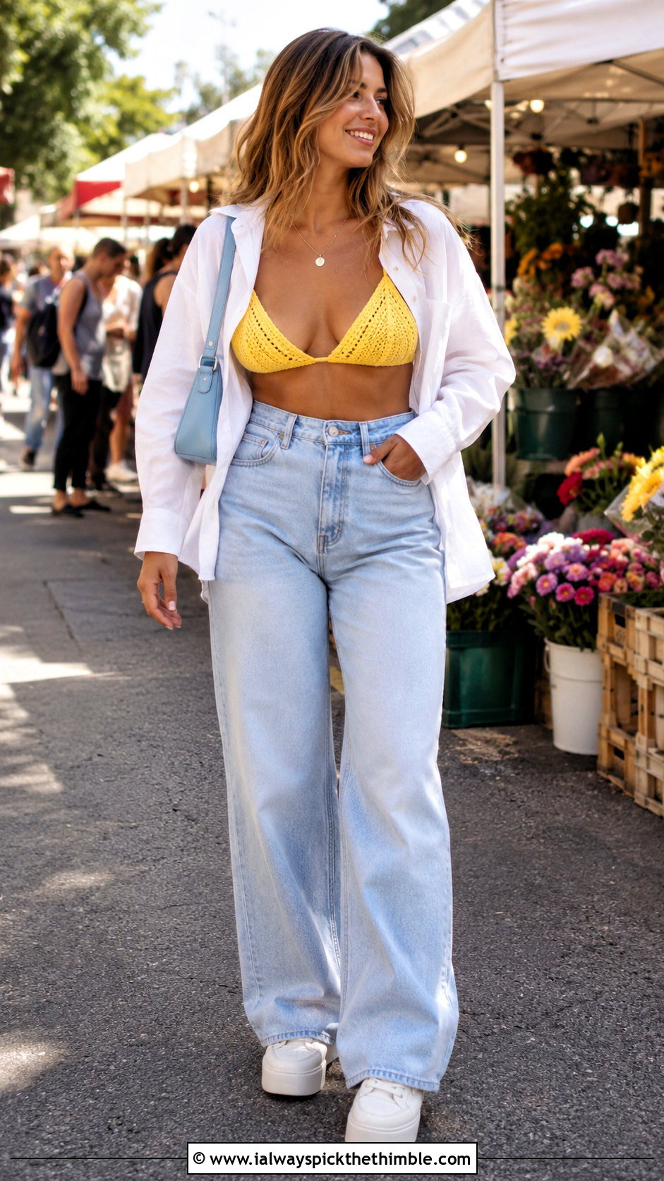 Crochet Triangle Bralette With Wide Leg Jeans - 25 crochet lingerie outfit ideas