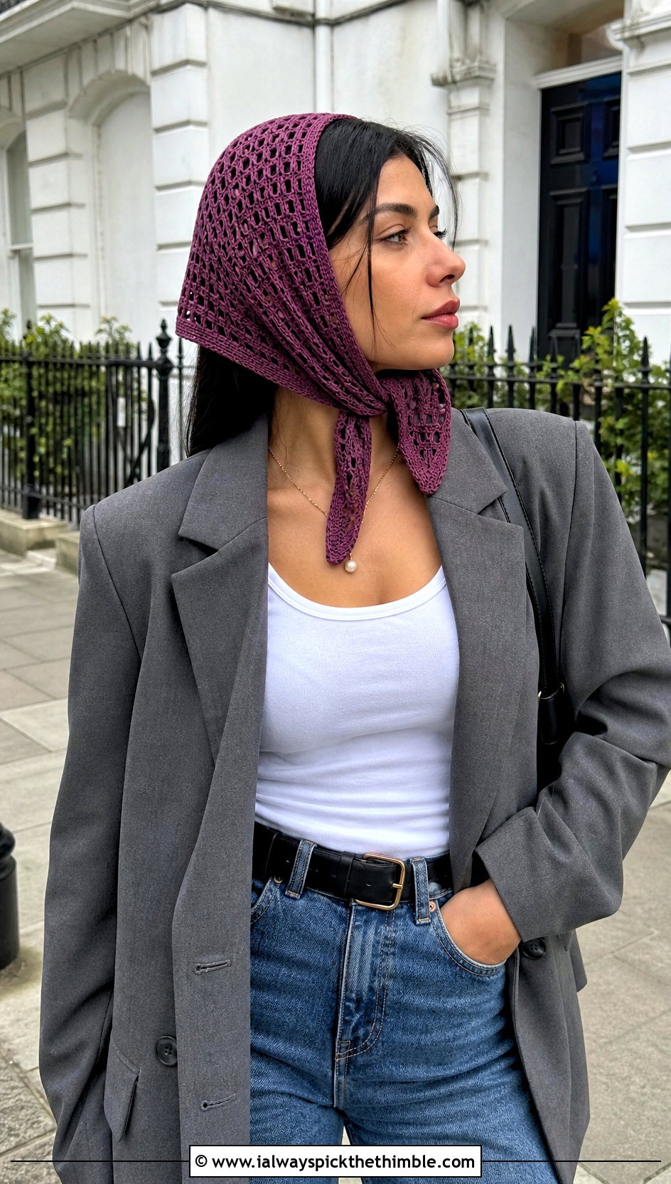 Crochet Triangle Headscarf With Oversized Blazer Outfit - 25 crochet accessories outfit ideas