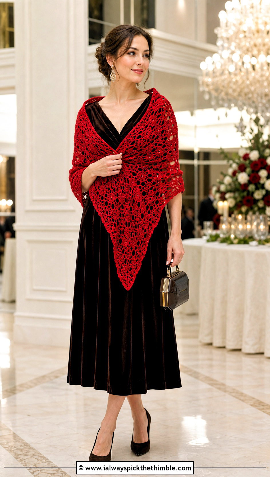 Crochet Triangle Shawl With Velvet Dress - 20 crochet wedding guest outfit ideas