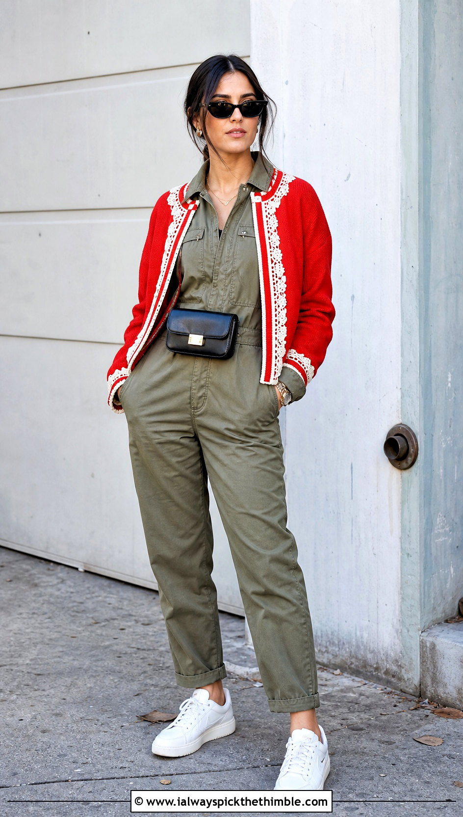Crochet Trim Bomber Miu Miu Cardigan With Utility Jumpsuit - 20 Miu Miu Crochet Cardigan outfit ideas