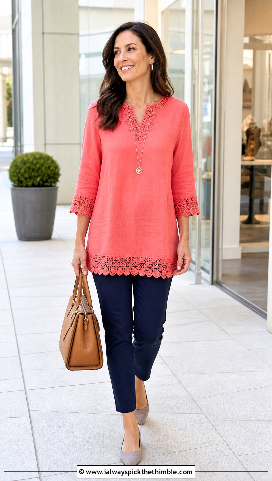 Crochet Trim Tunic With Slim Ankle Pants - 20 crochet trim top outfit ideas