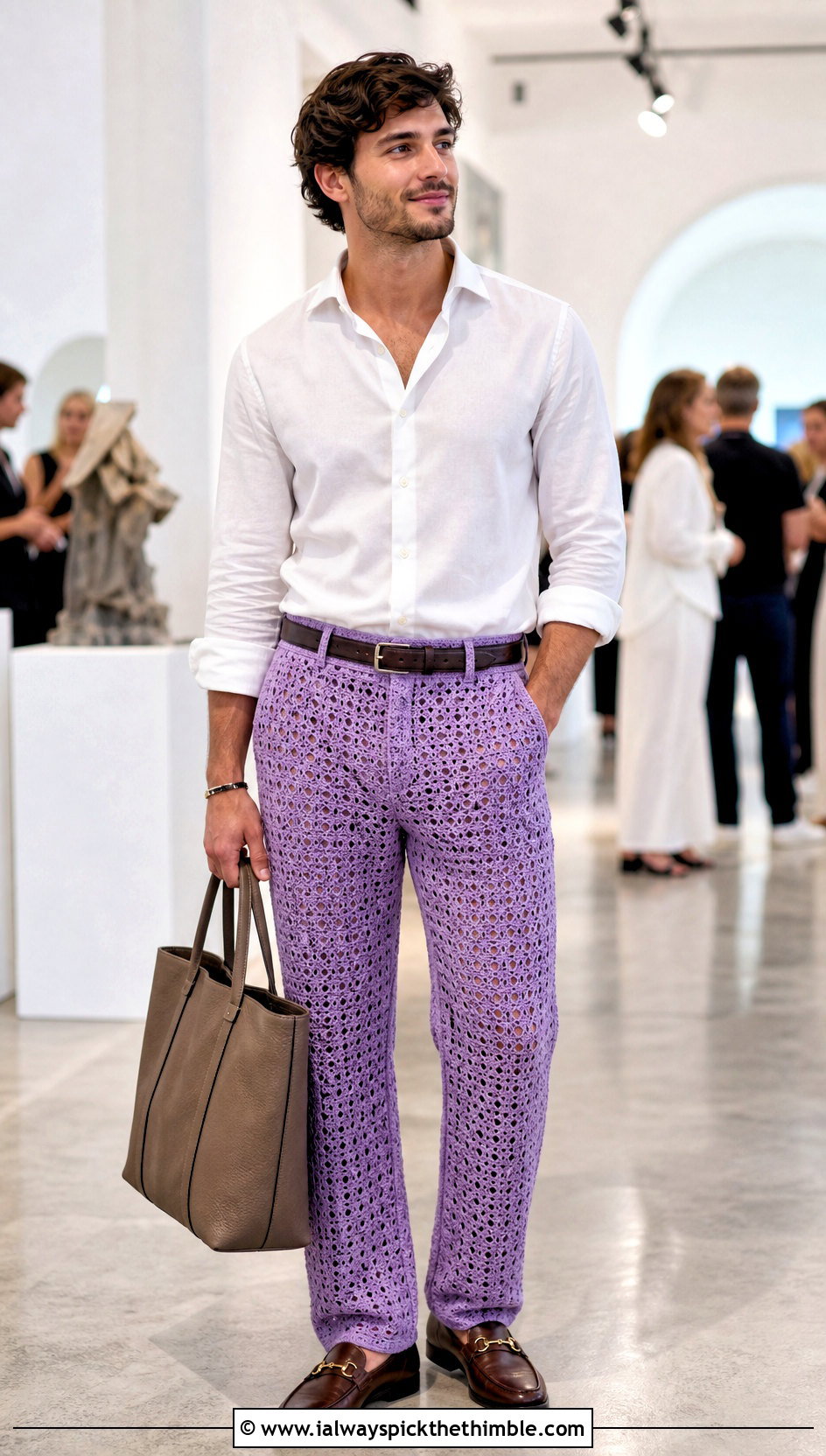 Crochet Trousers With Crisp Poplin Shirt - 25 crochet outfits for men outfit ideas