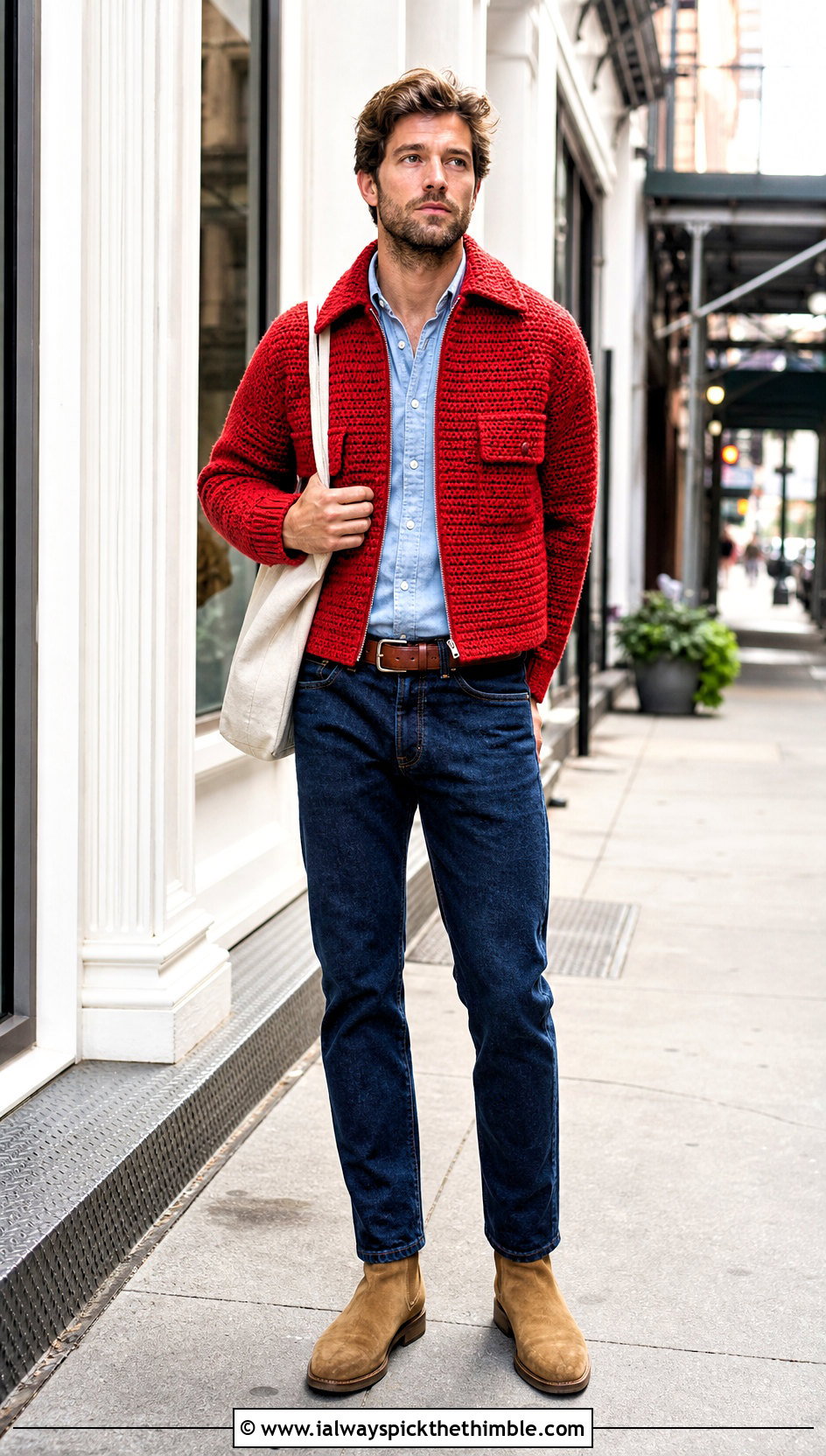 Crochet Trucker Jacket With Double Denim - 15 Crochet Mens Jacket outfit ideas