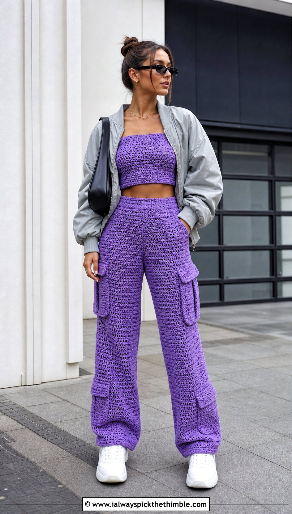 Crochet Tube Top And Cargo Pants Set With Bomber Jacket - 15 Cute Crochet Two Piece Outfits ideas