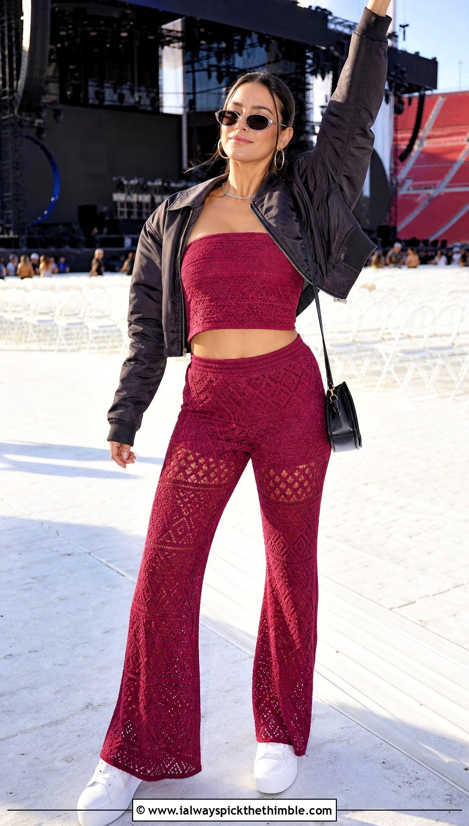 Crochet Tube Top And Flared Pants Set With Bomber Jacket - 25 crochet set outfit ideas