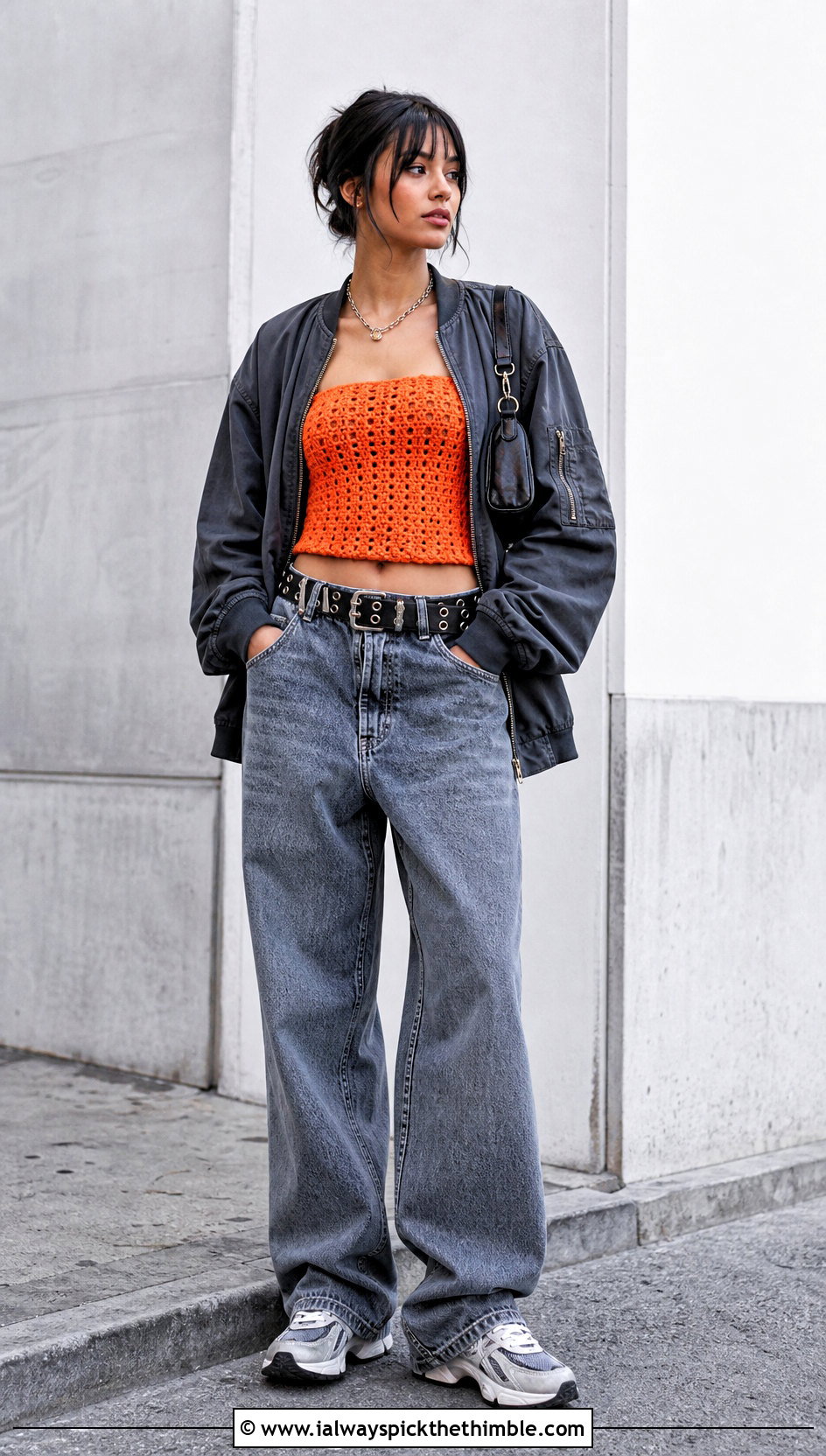 Crochet Tube Top With Bomber Jacket And Barrel Jeans - 25 grunge crochet top outfit ideas