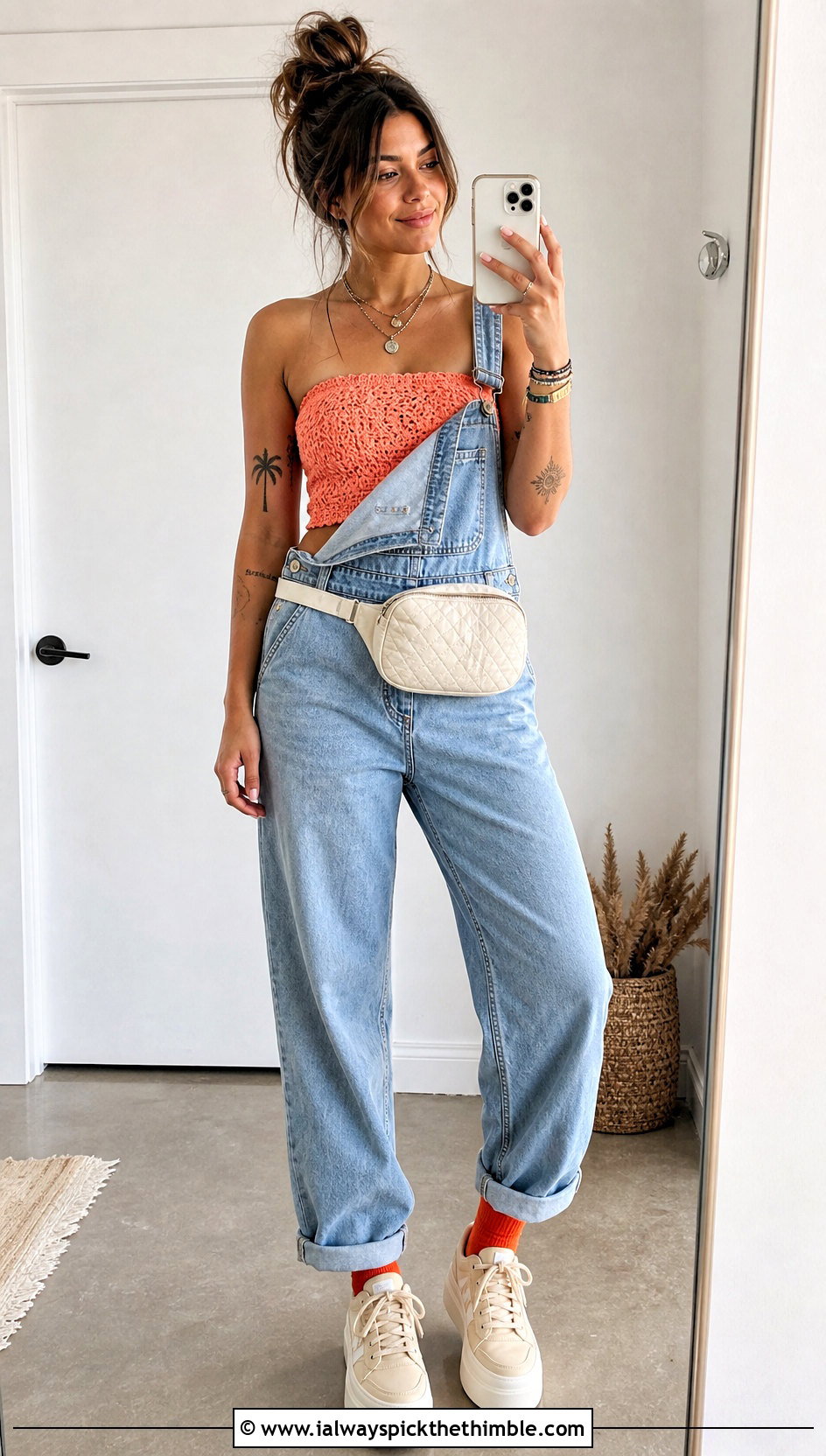 Crochet Tube Top With Denim Overalls - 25 crochet festival top outfit ideas