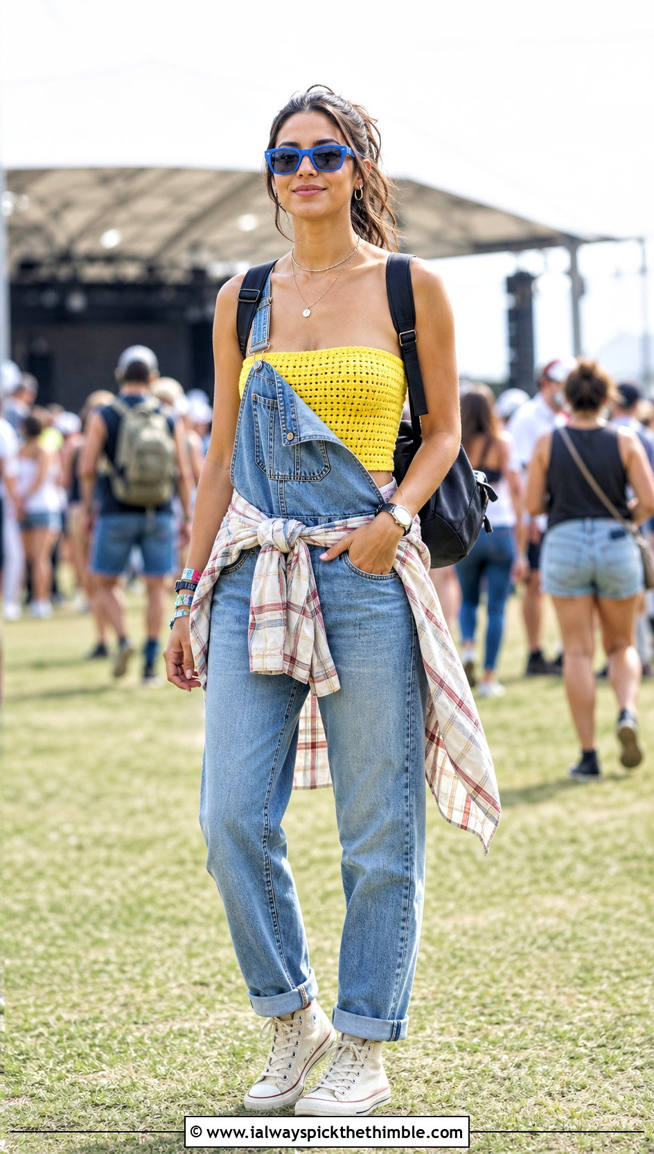 Crochet Tube Top With Denim Overalls - 20 Festival Crochet Top outfit ideas
