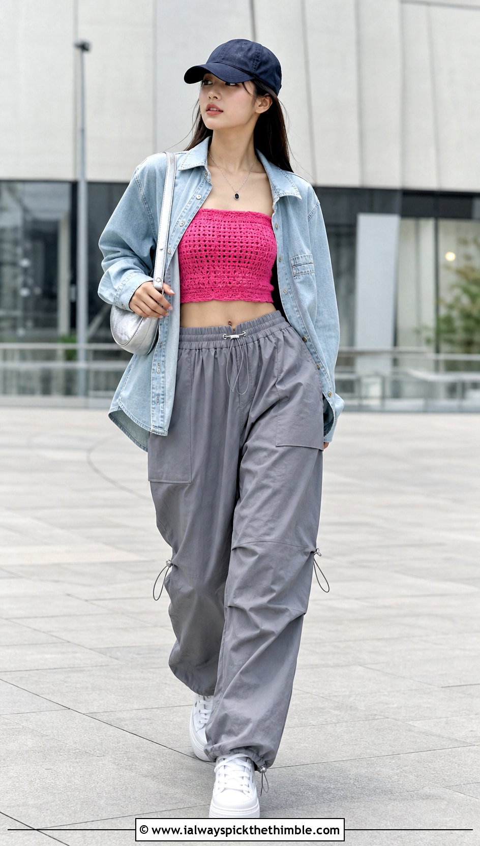 Crochet Tube Top With Denim Shirt And Parachute Pants - 20 korean crochet outfits ideas