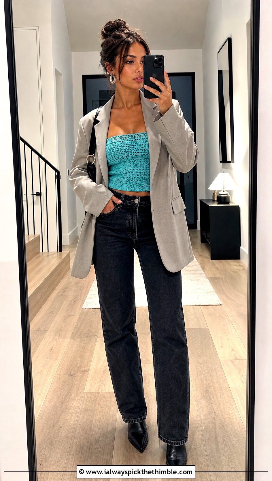 Crochet Tube Top With Oversized Blazer And Jeans - 25 style crochet top outfit ideas