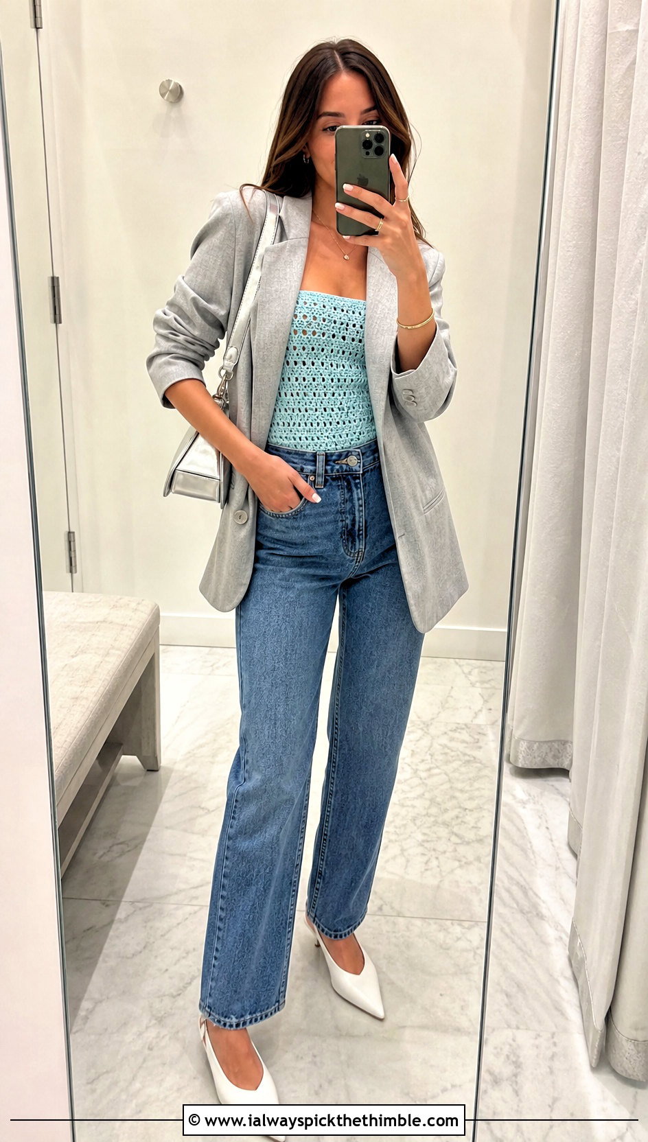 Crochet Tube Top With Oversized Blazer And Jeans - 15 easy crochet tops for women outfit ideas
