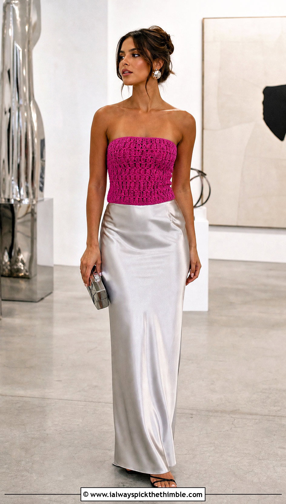 Crochet Tube Top With Satin Maxi Skirt - 20 vintage crochet top outfit ideas