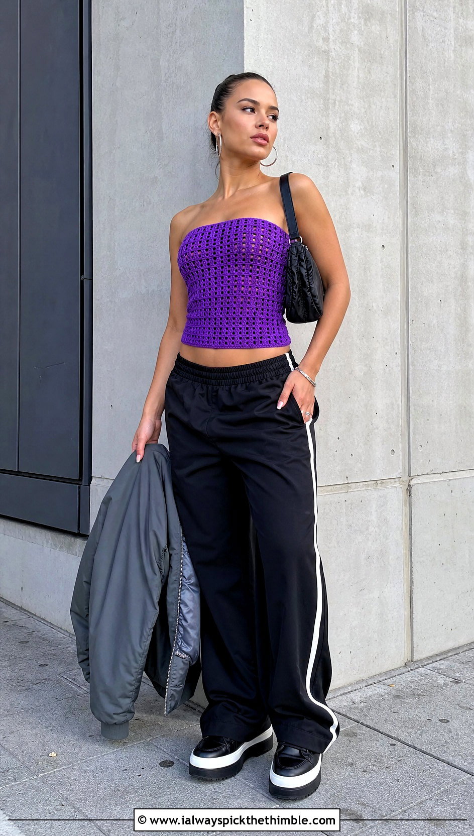 Crochet Tube Top With Track Pants - 20 Crochet 90S Outfit ideas