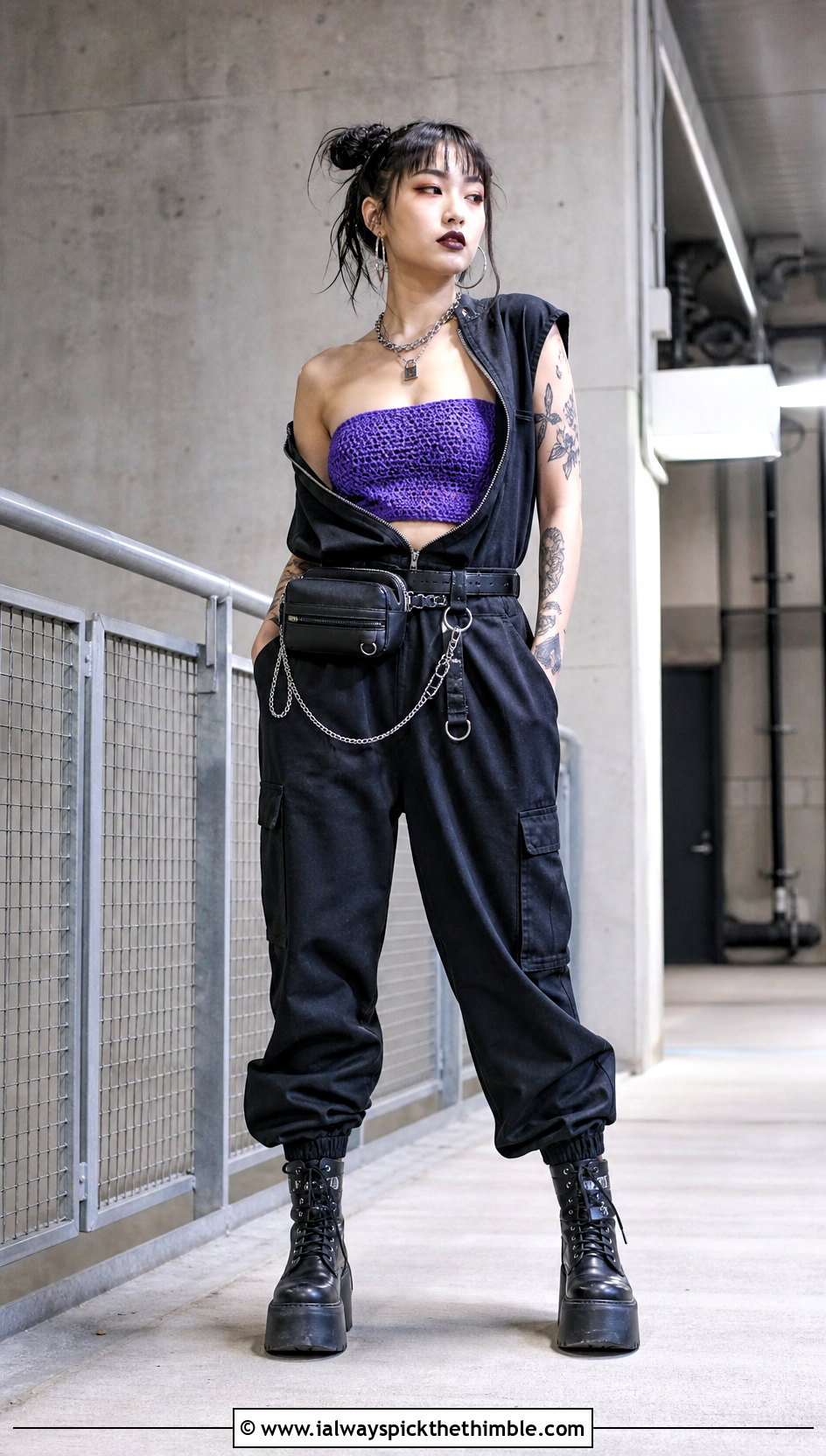Crochet Tube Top With Utility Jumpsuit - 25 goth crochet top outfit ideas