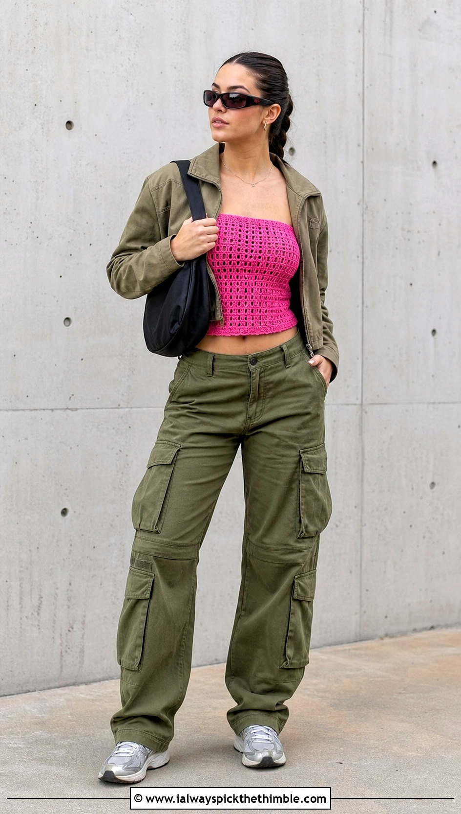 Crochet Tube Top With a Utility Jacket and Cargo Pants - 20 crochet knitted top outfit ideas