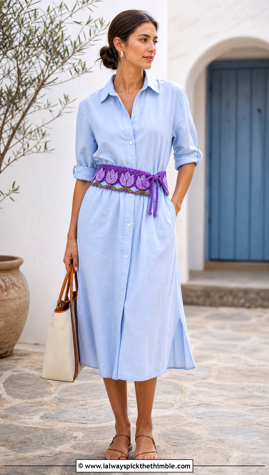 Crochet Tulip Belt With Shirt Dress - 20 Crochet Flower Outfit ideas