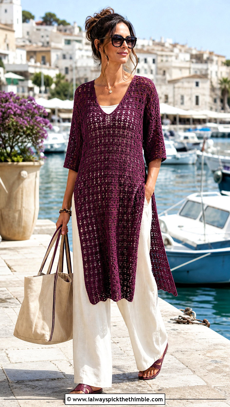 Crochet Tunic Beach Dress With Linen Trousers - 20 crochet summer beach dresses outfit ideas
