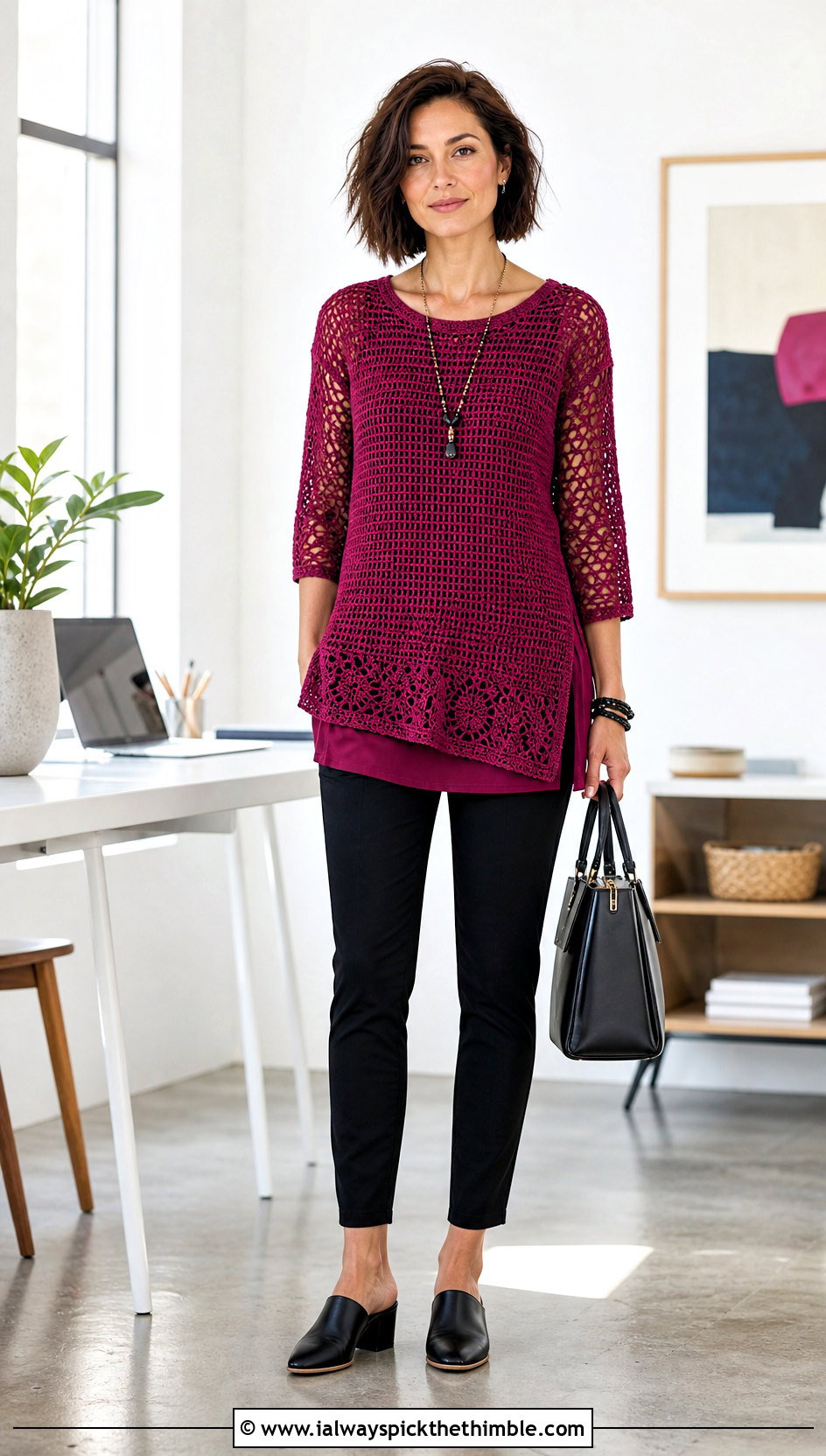 Crochet Tunic Blouse With Slim Pants - 25 crochet blouse for women outfit ideas