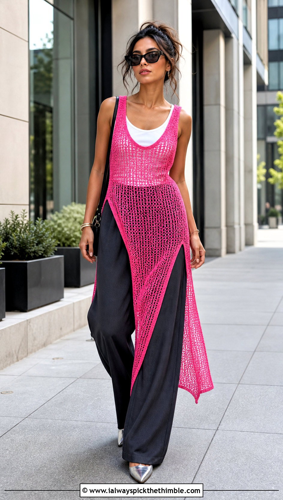 Crochet Tunic Dress Over Wide Leg Pants - 15 crocheted dresses for women outfit ideas