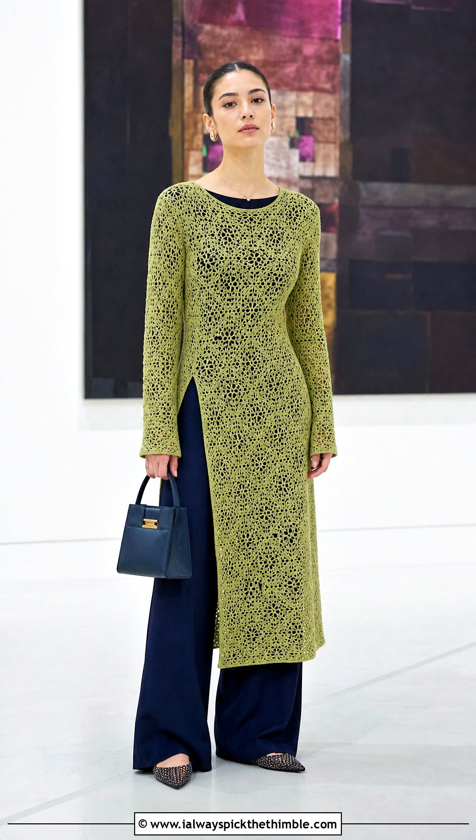 Crochet Tunic Dress Over Wide Leg Trousers - 25 long sleeve crochet dress outfit ideas