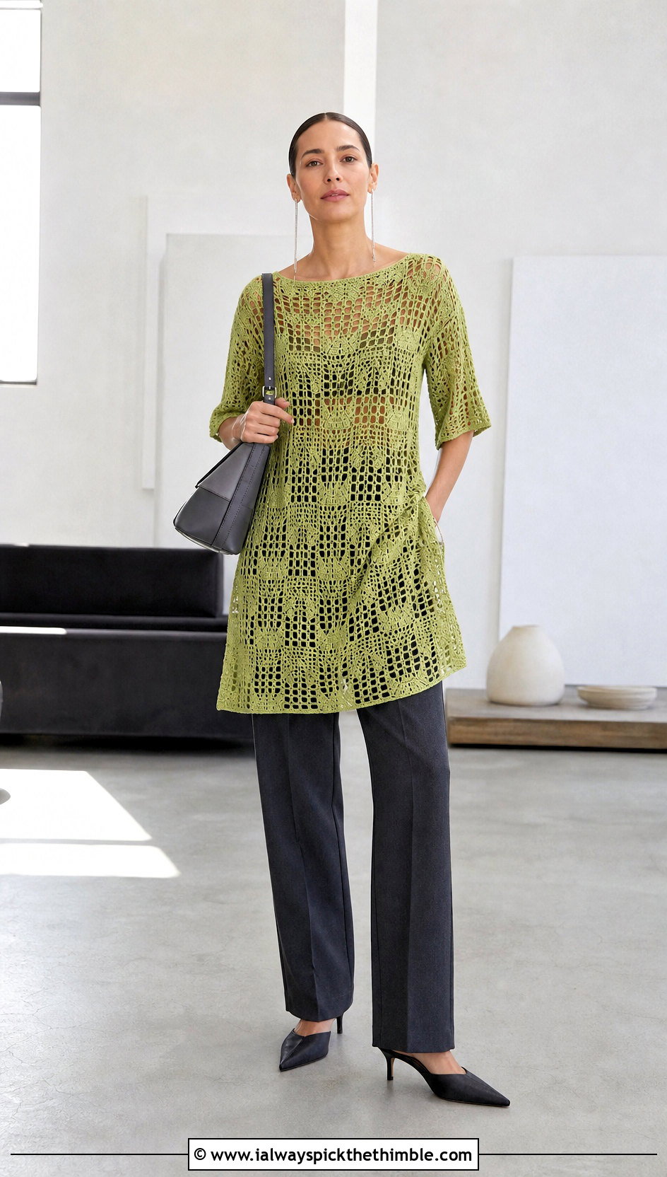 Crochet Tunic Dress With Tailored Trousers - 20 elegant crochet dress outfit ideas