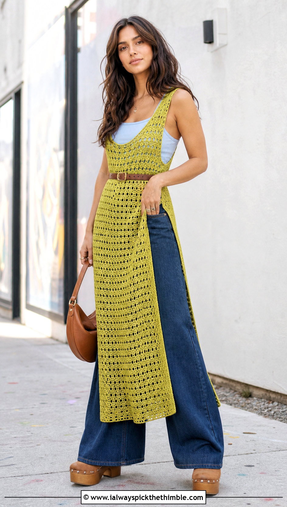 Crochet Tunic Dress With Wide Leg Jeans - 25 vintage crochet dress outfit ideas