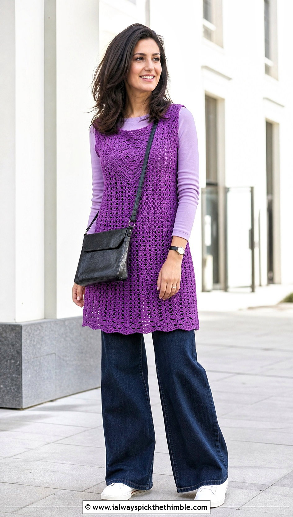Crochet Tunic Dress With Wide Leg Jeans - 20 modest crochet dress outfit ideas