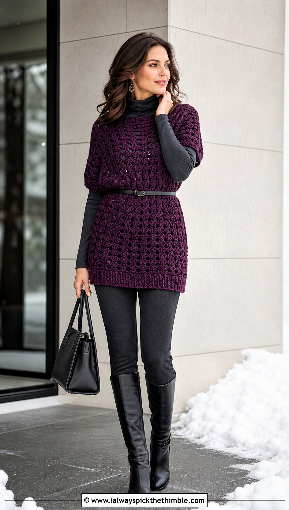 Crochet Tunic Jumper With Slim Pants And Knee Boots - 25 crochet jumper outfit ideas