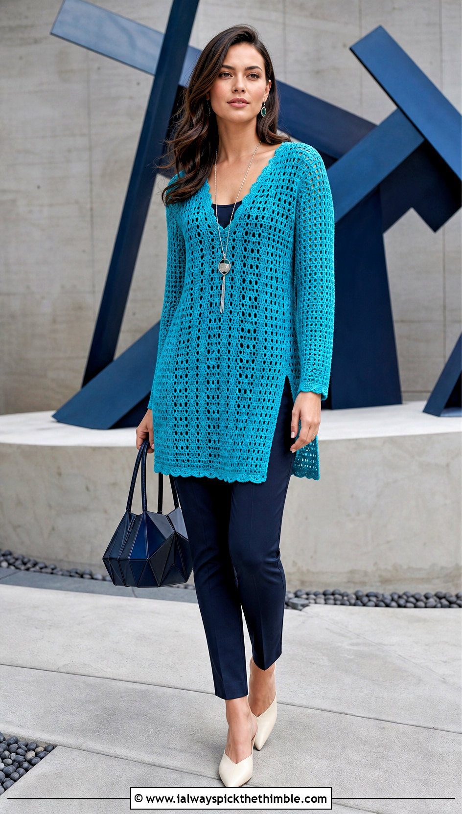 Crochet Tunic Mini Dress With Slim Pants - 25 short crochet dress outfit ideas