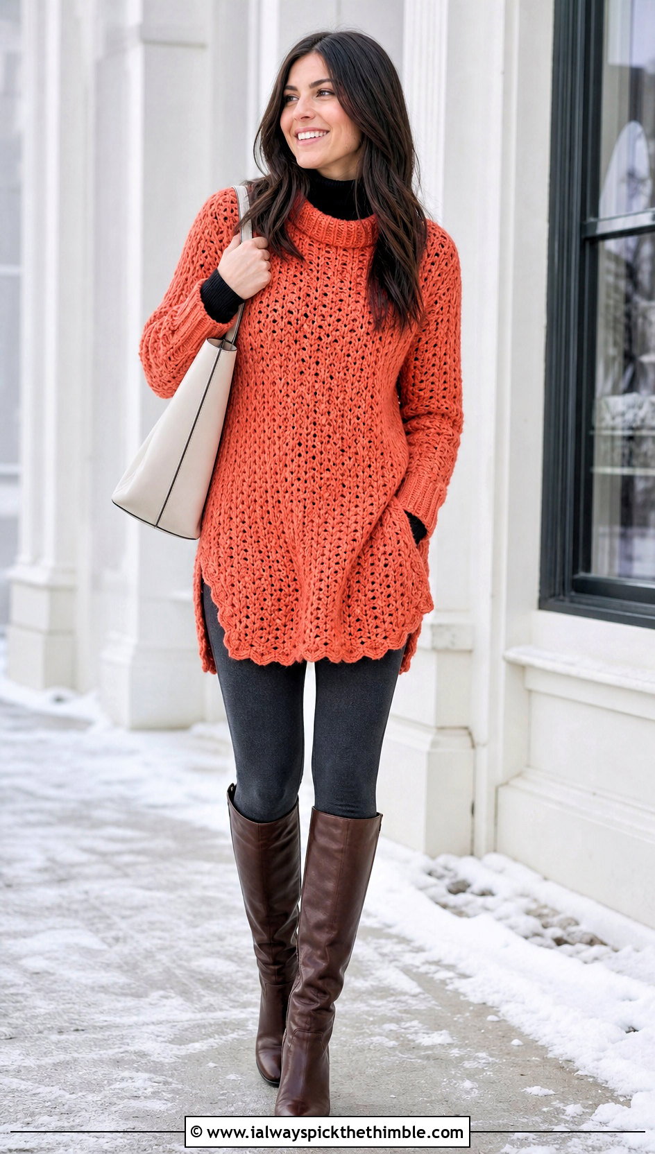 Crochet Tunic Oversized Sweater With Leggings And Tall Boots - 15 Oversized Crochet Sweaters outfit ideas
