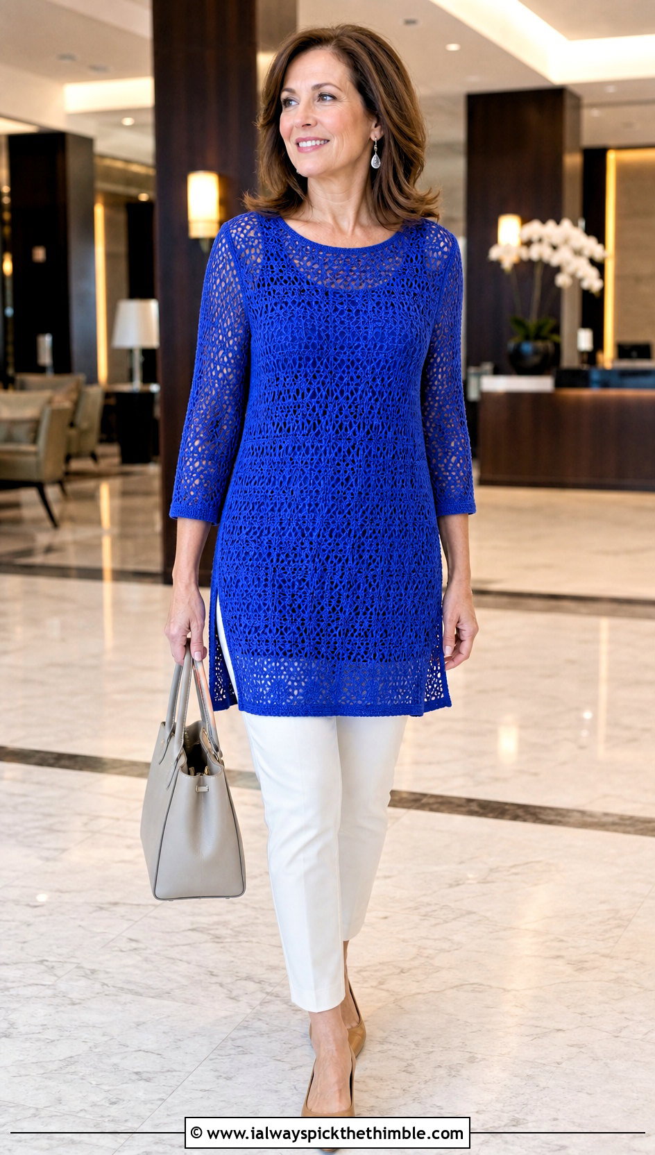 Crochet Tunic Shirt With Slim Ankle Pants - 25 crochet shirts outfit ideas