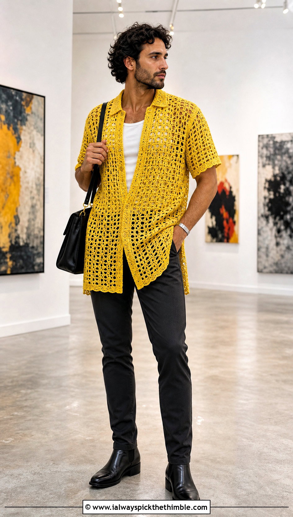 Crochet Tunic Shirt With Slim Trousers And Boots - 25 crochet mens clothes and outfit ideas