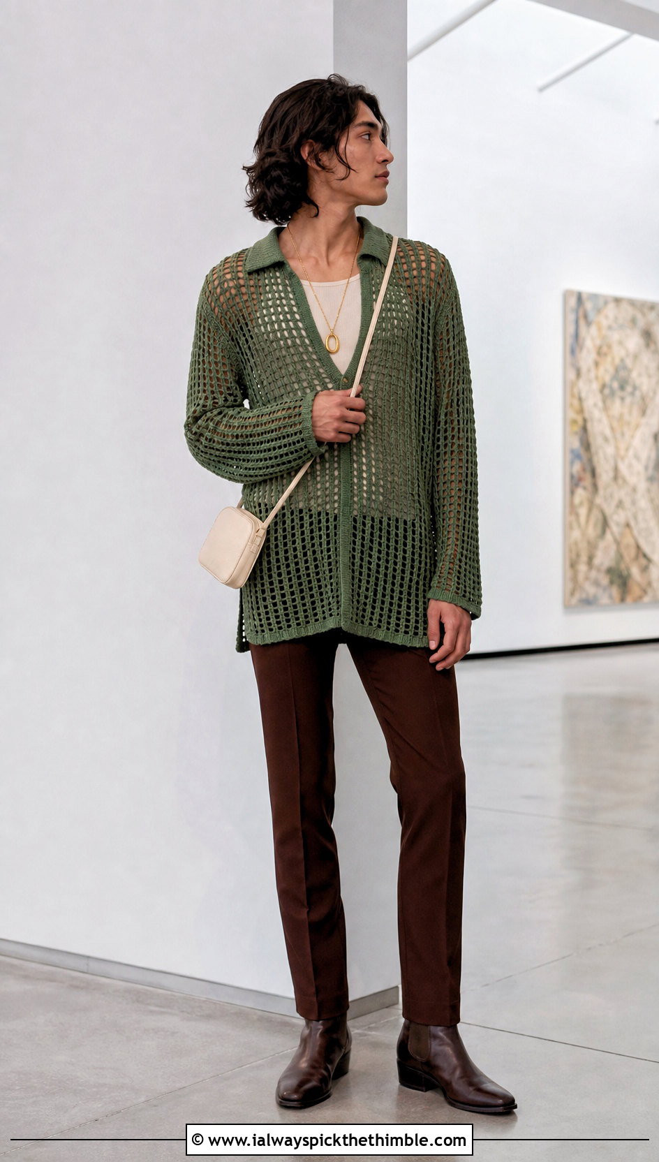 Crochet Tunic Shirt With Slim Trousers - 20 crochet unisex shirt outfit ideas