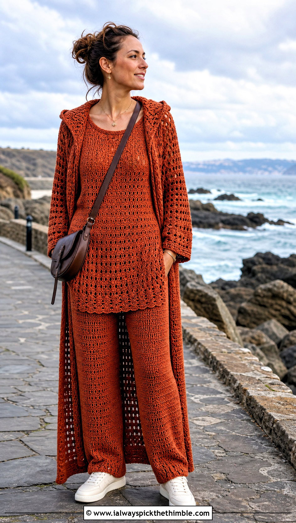 Crochet Tunic Straight Pants And Hooded Cardigan Set - 20 crochet three piece outfit ideas