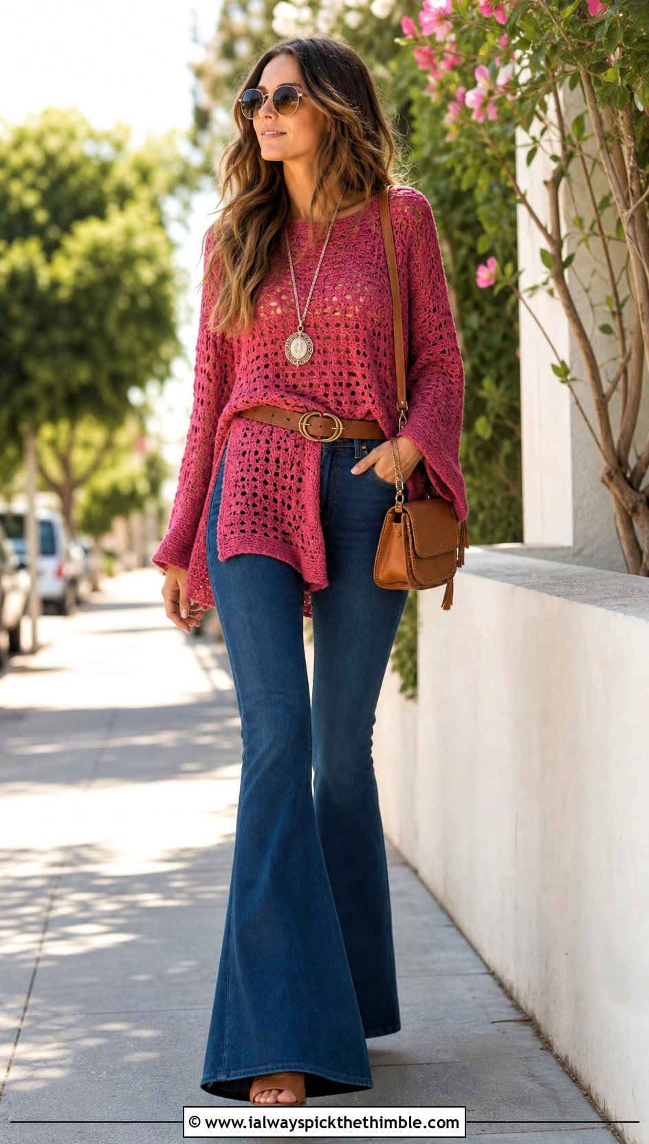 Crochet Tunic Sweater With Flared Jeans - 15 Boho Style Crochet Sweater outfit ideas