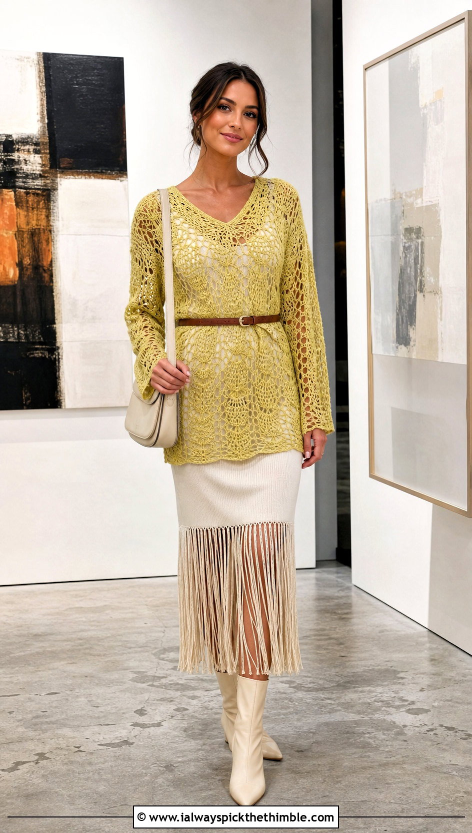 Crochet Tunic Sweater With Fringe Midi Skirt - 20 crochet sweater and skirt outfit ideas