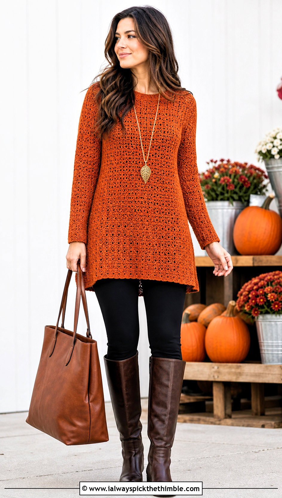 Crochet Tunic Sweater With Leggings And Riding Boots - 20 handmade crochet sweater outfit ideas