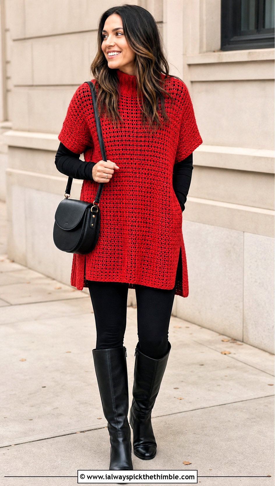 Crochet Tunic Sweater With Leggings And Tall Boots - 20 fall crochet sweaters outfit ideas