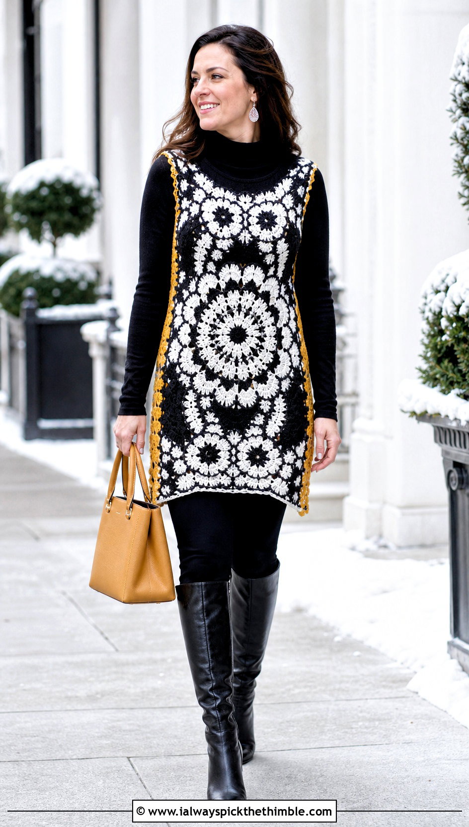 Crochet Tunic Sweater With Leggings And Tall Boots - 25 black and white crochet sweater outfit ideas