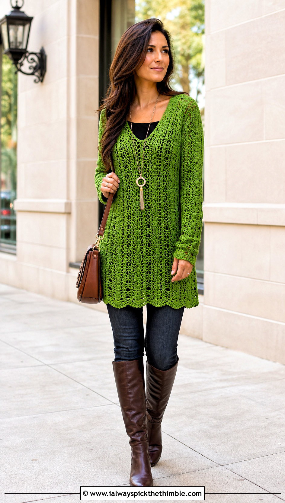 Crochet Tunic Sweater With Slim Fit Jeans - 20 Boho Crochet Sweater outfit ideas