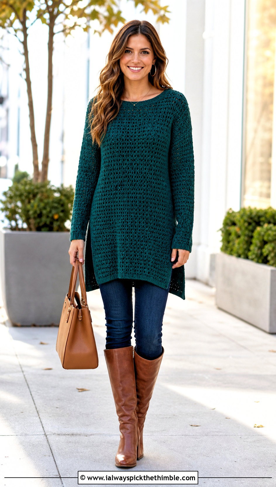 Crochet Tunic Sweater With Slim Jeans - 25 simple crochet sweater outfit ideas