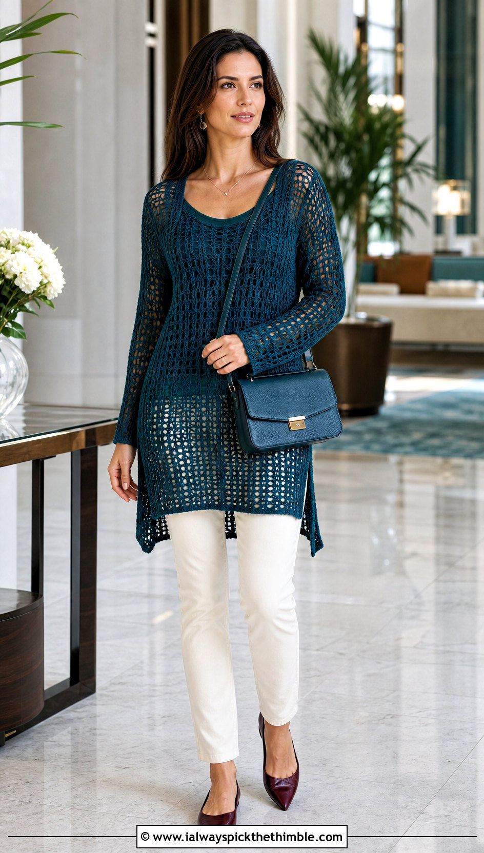 Crochet Tunic Sweater With Slim Jeans - 20 Woman Crochet Sweater outfit ideas