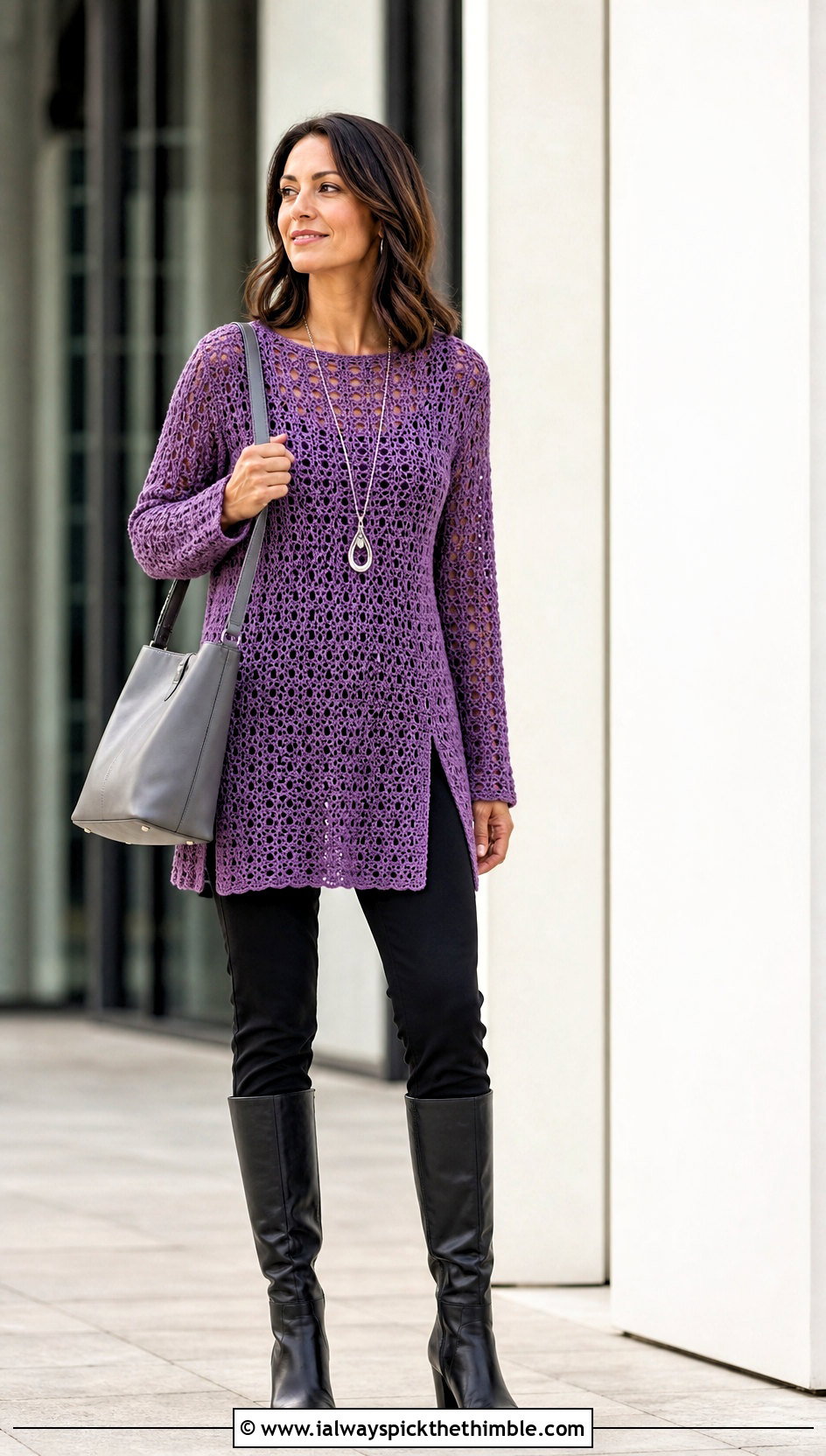 Crochet Tunic Sweater With Slim Pants - 20 Womens Crochet Sweater outfit ideas