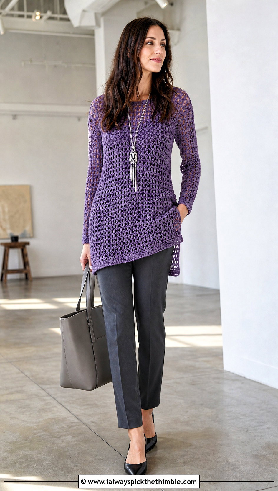 Crochet Tunic Sweater With Slim Trousers - 25 Crochet Knit Sweater outfit ideas